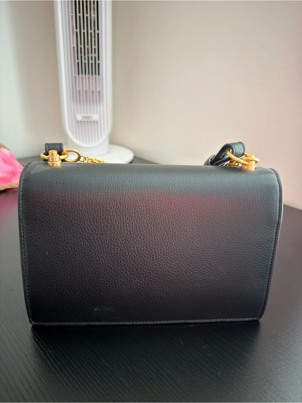 Tory Burch Black Leather Shoulder Bag with Gold Logo and Chain